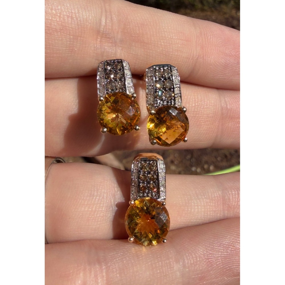 Vintage 14k Solid Gold Natural Rose Cut Citrine & Diamond Earring Pendant‎ Set